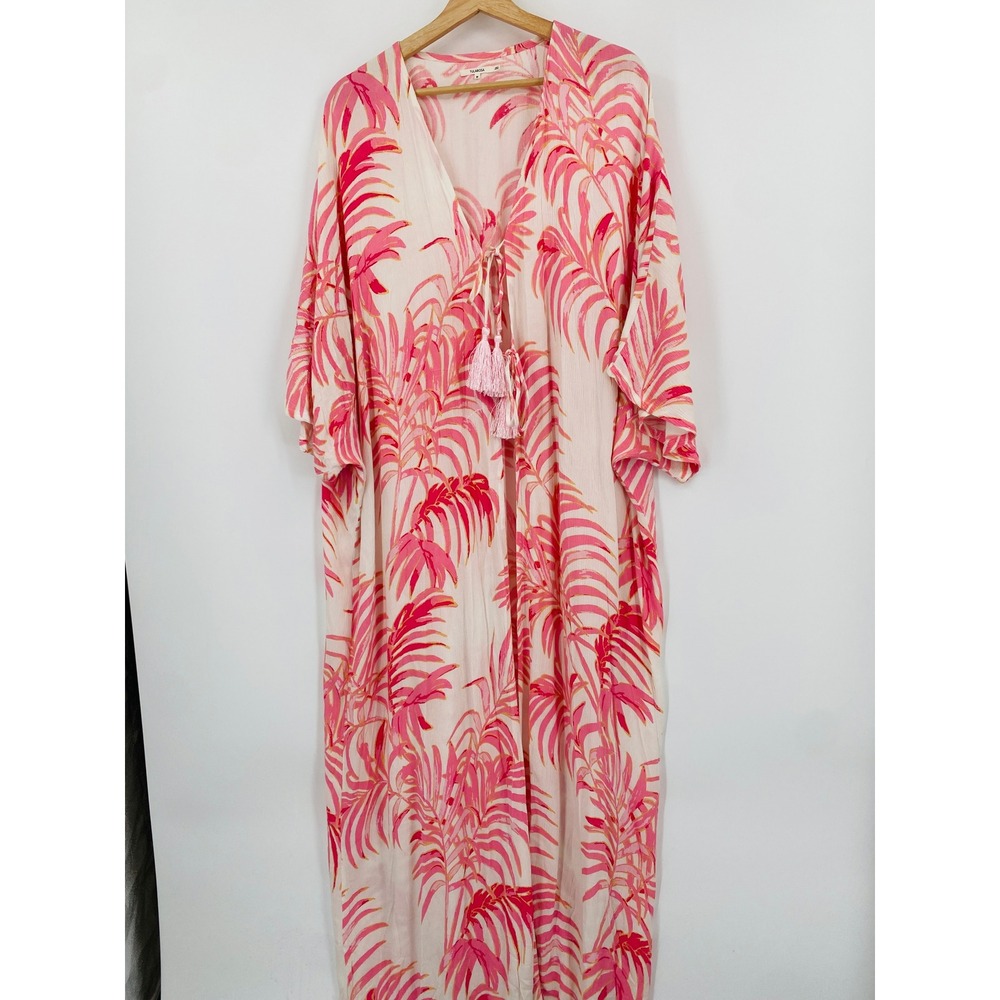 Tularosa Maxi Duster Womens Size M Pink Palm Print Tassel Tie Kaftan - Picture 2 of 4